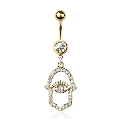 Hamsa Hand Eye Multi Cz Belly Bar