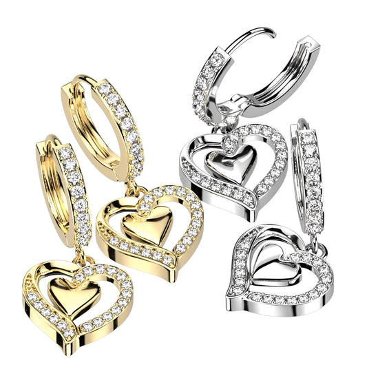 Pair of CZ Paved Front With CZ Paved Heart Dangle Hoop Earrings