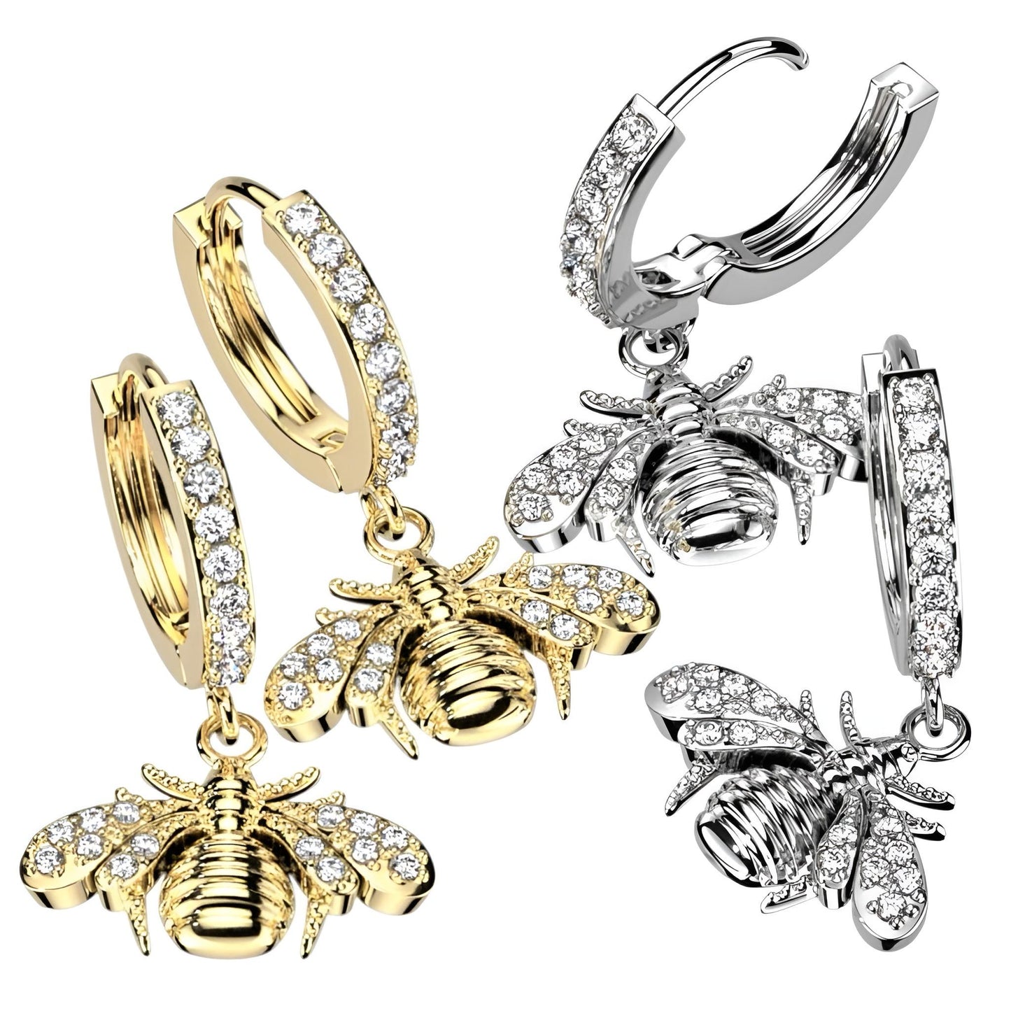 Pair of CZ Paved Front With CZ Paved Bee Dangle Hoop Earrings