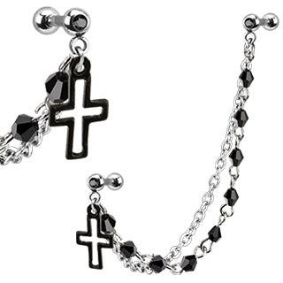 Cross with Gemmed Cartilage/Tragus Barbell Double Beaded Chain Linked Dangle