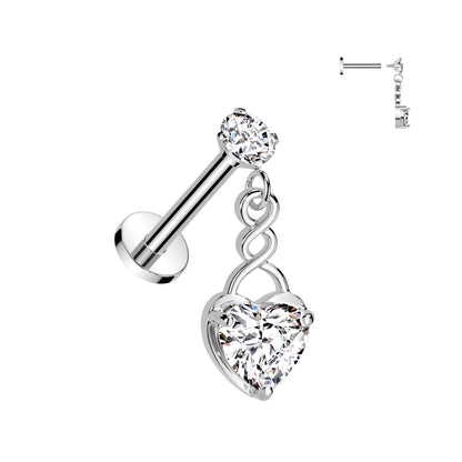 Internally Threaded Round Prong Set CZ Top With CZ Heart Dangle Labret Flat Back Stud