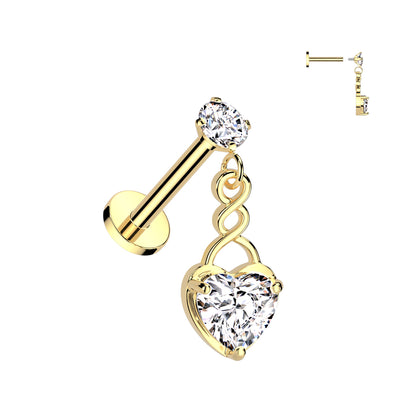 Internally Threaded Round Prong Set CZ Top With CZ Heart Dangle Labret Flat Back Stud