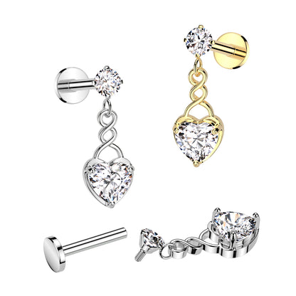 Internally Threaded Round Prong Set CZ Top With CZ Heart Dangle Labret Flat Back Stud