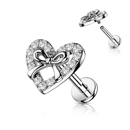 CZ Paved Heart With Ribbon Center Top on Internally Threaded