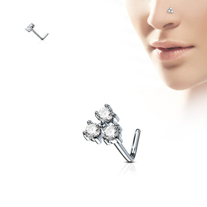Three Prong Set Round CZ Triangle 316L Surgical Steel L Bend Nose Stud Rings