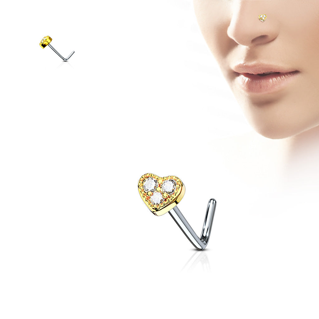 3 CZ Paved Heart 316L Surgical Steel L Bend Nose Stud