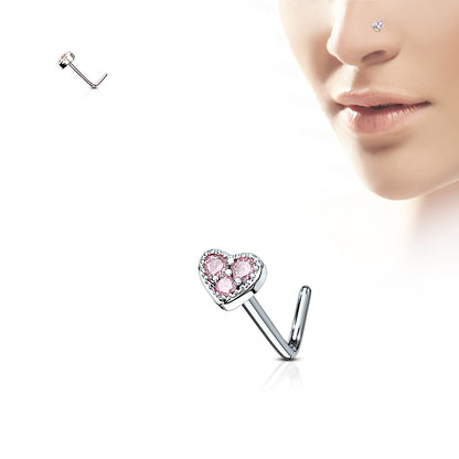 3 CZ Paved Heart 316L Surgical Steel L Bend Nose Stud