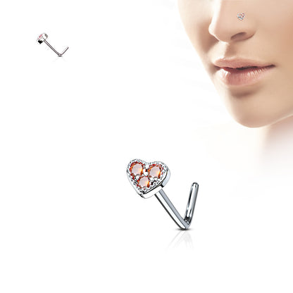 3 CZ Paved Heart 316L Surgical Steel L Bend Nose Stud