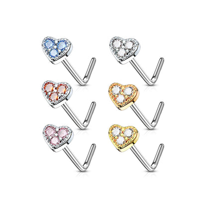 3 CZ Paved Heart 316L Surgical Steel L Bend Nose Stud