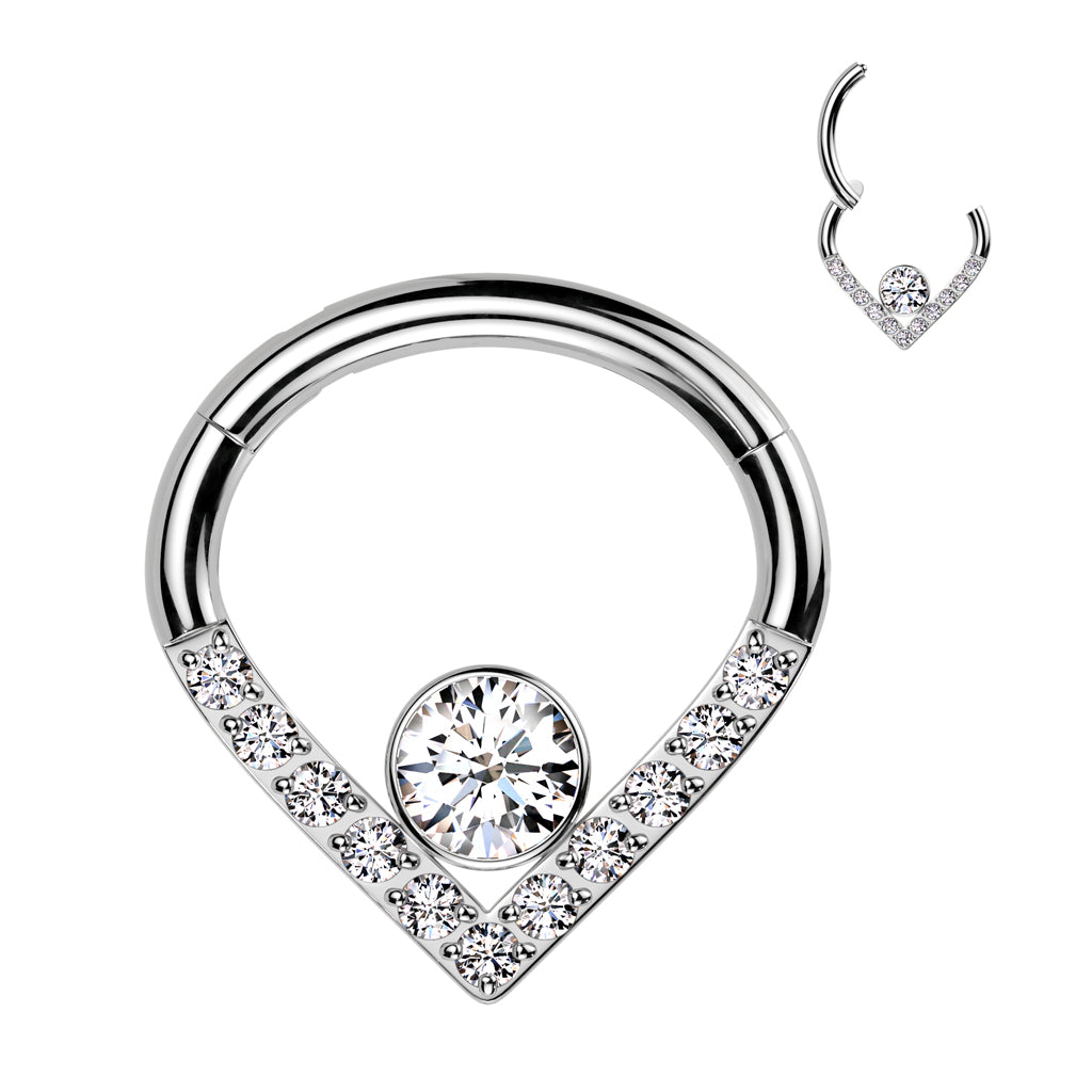 Implant Grade Titanium Hinged Segment Hoop Ring With Pave CZ Single Line Chevron and CZ