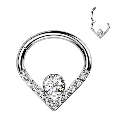 Implant Grade Titanium Hinged Segment Hoop Ring With Pave CZ Single Line Chevron and CZ