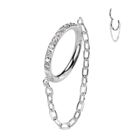 Implant Grade Titanium Hinged Segment Hoop Ring Lined With Outward Facing Pave CZ and Chain Link