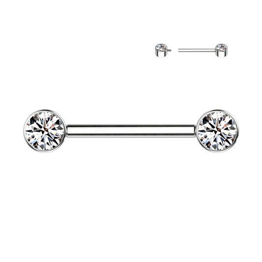 Implant Grade Titanium Internally Threaded Nipple Bar With Bezel Set CZ Ends