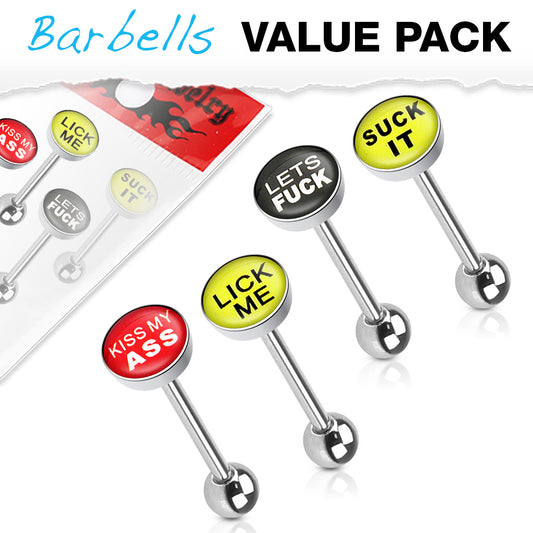 4 Pcs Value Pack of Assorted Word Tongue Barbell - Diez Liberty
