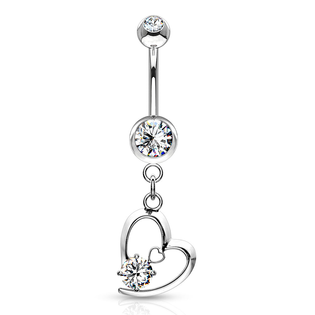 Hollow Heart with Prong CZ Dangle Belly Bar - Diez Liberty