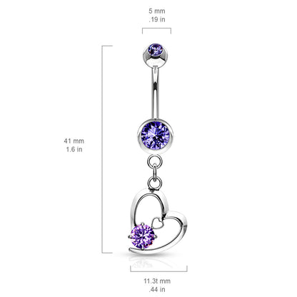 Hollow Heart with Prong CZ Dangle Belly Bar - Diez Liberty