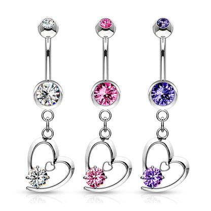 Hollow Heart with Prong CZ Dangle Belly Bar - Diez Liberty