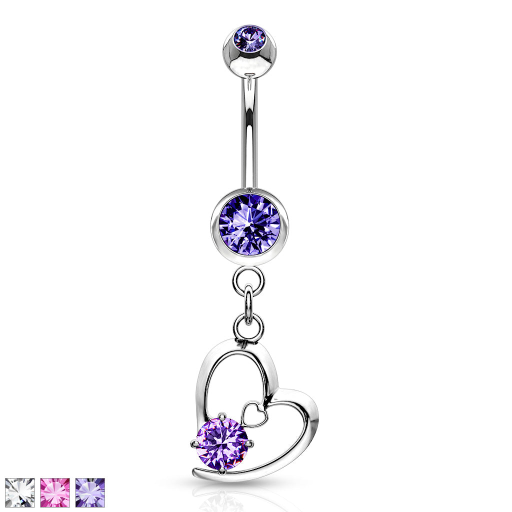 Hollow Heart with Prong CZ Dangle Belly Bar - Diez Liberty